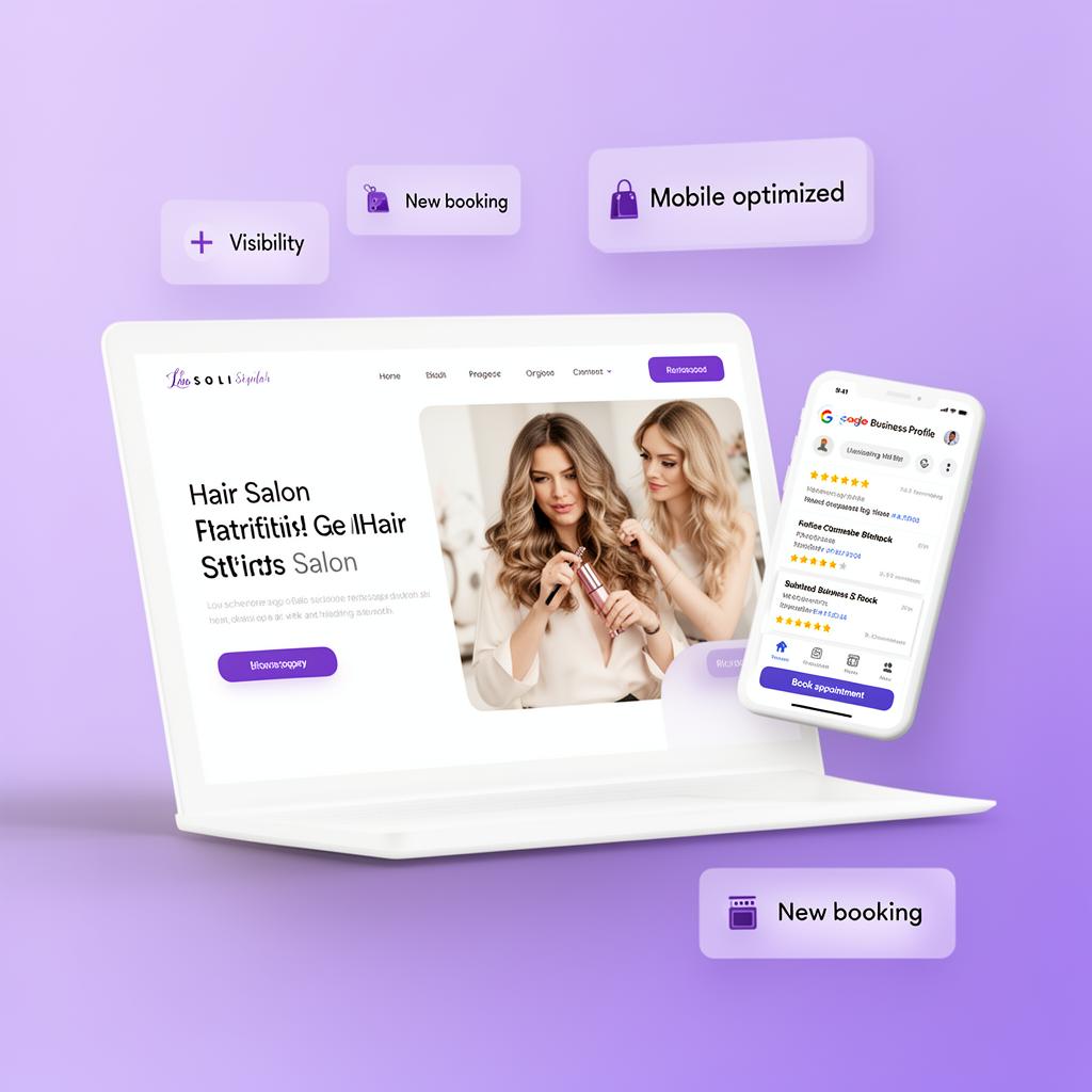 Aperçu d'un site de salon de coiffure créé par Upercut Web avec sa fiche Google Business Profile